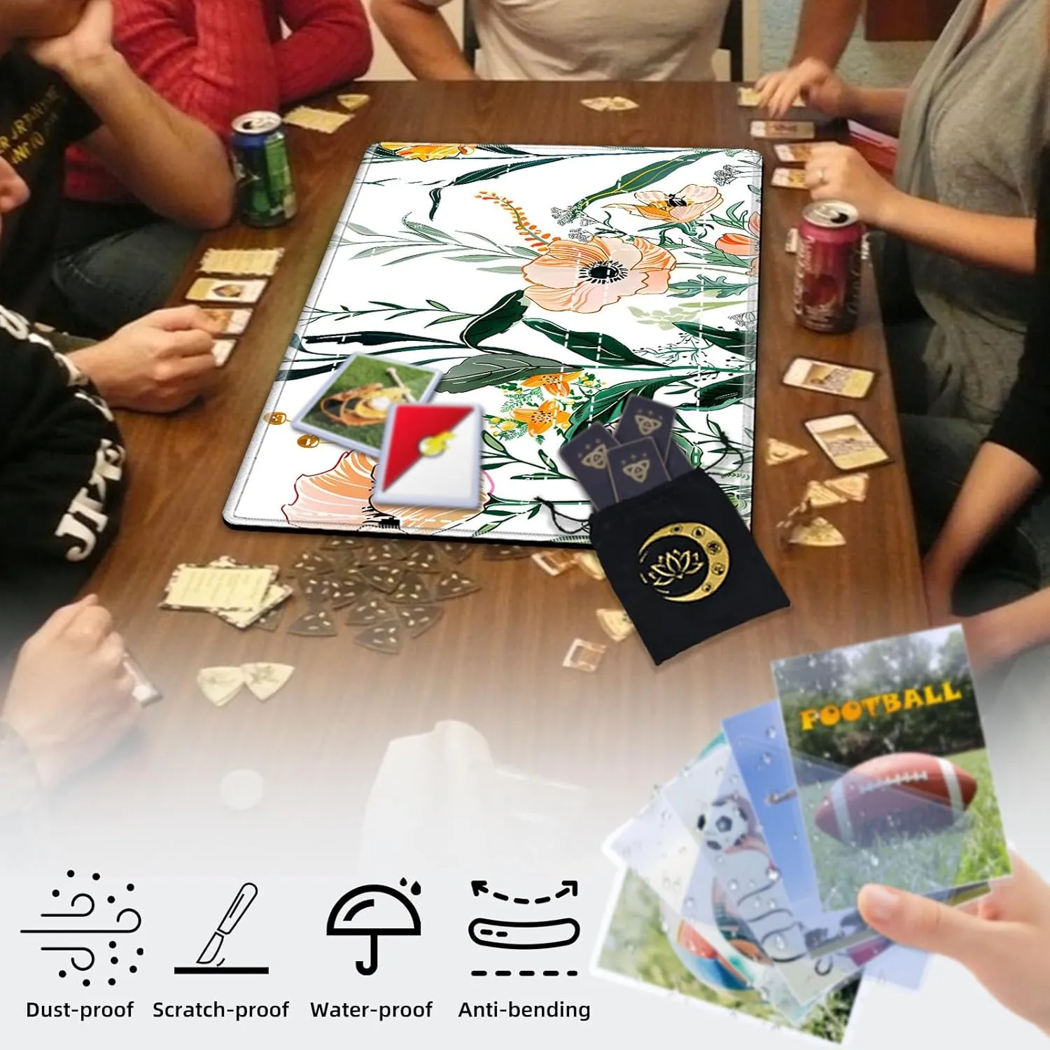 Premium TCG Playmat with 6 Gaming Zones | 24x14 Non-Slip Rubber Surface MTG Mat | Black Play Card Storage Pouch for CCG Playmat | Colorful Floral