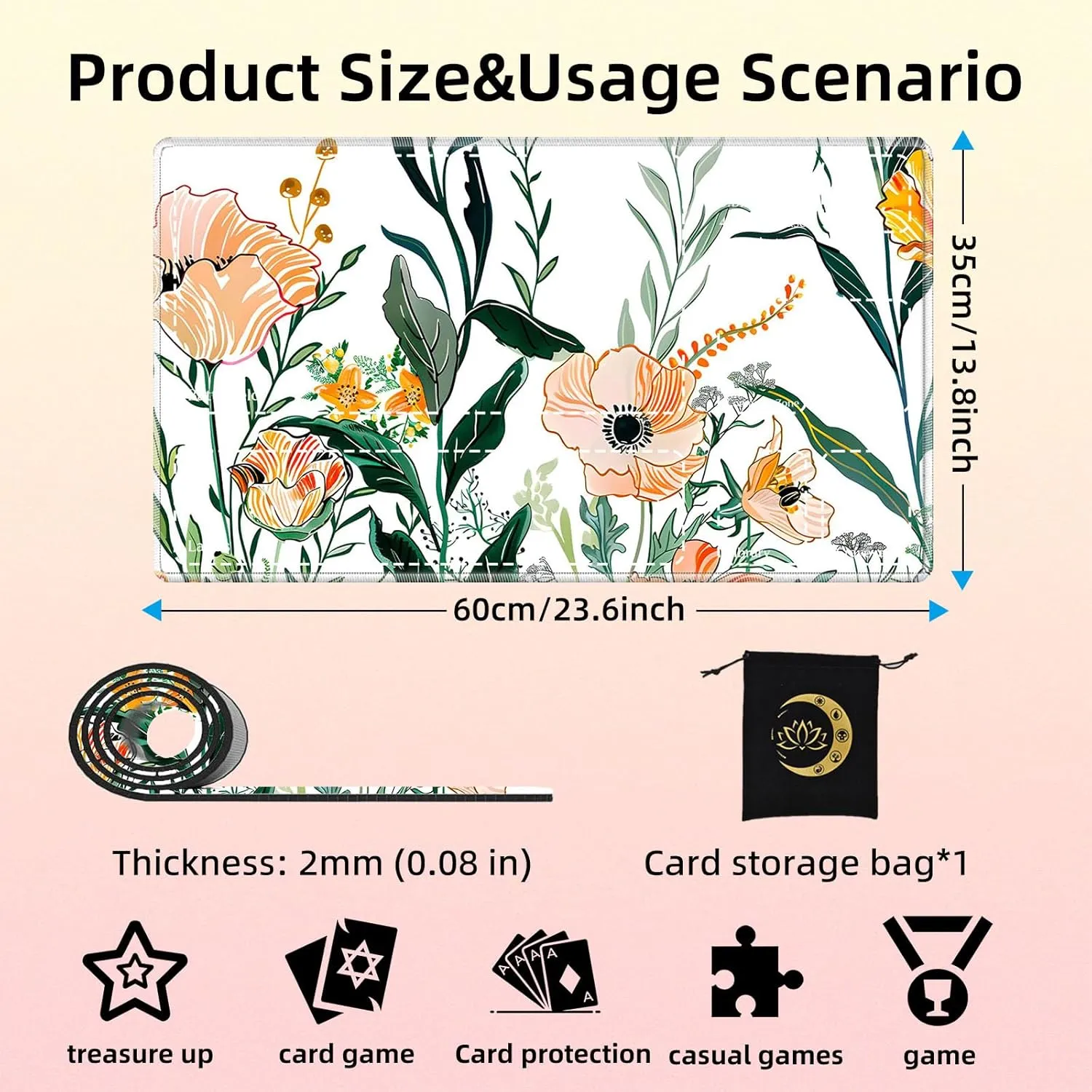 Premium TCG Playmat with 6 Gaming Zones | 24x14 Non-Slip Rubber Surface MTG Mat | Black Play Card Storage Pouch for CCG Playmat | Colorful Floral