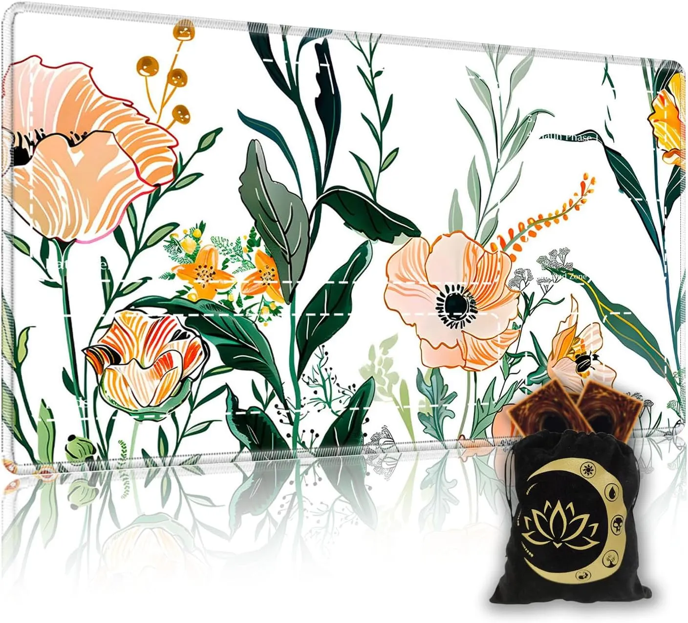 Premium TCG Playmat with 6 Gaming Zones | 24x14 Non-Slip Rubber Surface MTG Mat | Black Play Card Storage Pouch for CCG Playmat | Colorful Floral