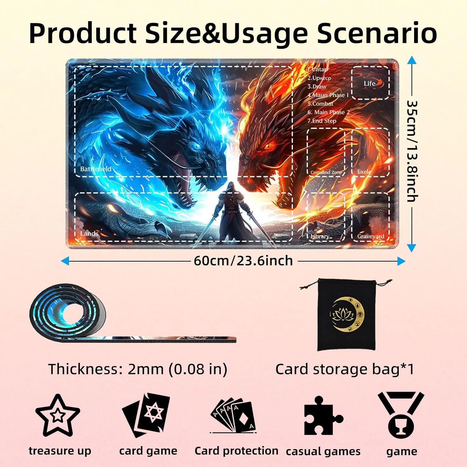 Premium TCG Playmat with 6 Gaming Zones | 24x14 Non-Slip Rubber Surface MTG Mat | Black Play Card Storage Pouch for CCG Playmat | Warrior and Dragons