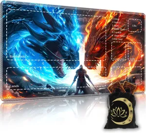 Premium TCG Playmat with 6 Gaming Zones | 24x14 Non-Slip Rubber Surface MTG Mat | Black Play Card Storage Pouch for CCG Playmat | Warrior and Dragons