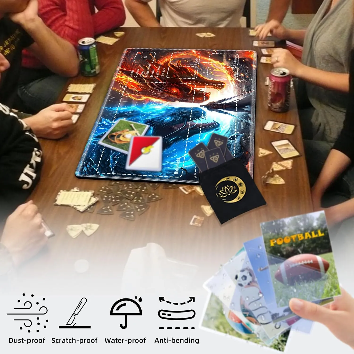 Premium TCG Playmat with 6 Gaming Zones | 24x14 Non-Slip Rubber Surface MTG Mat | Black Play Card Storage Pouch for CCG Playmat | Warrior and Dragons