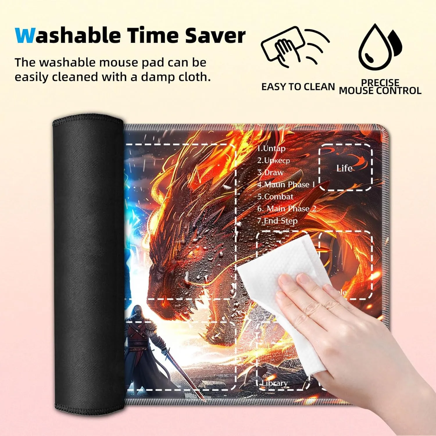 Premium TCG Playmat with 6 Gaming Zones | 24x14 Non-Slip Rubber Surface MTG Mat | Black Play Card Storage Pouch for CCG Playmat | Warrior and Dragons