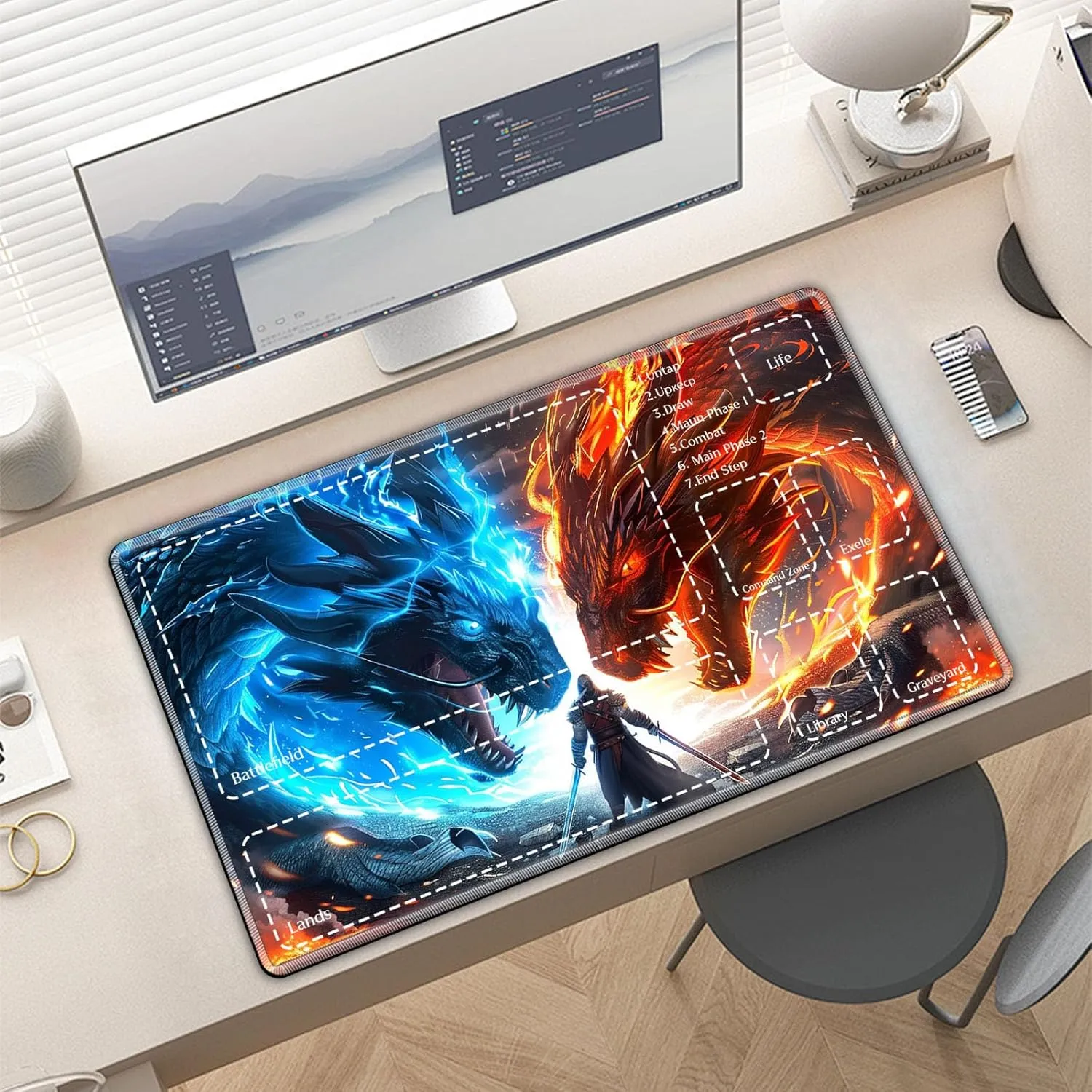Premium TCG Playmat with 6 Gaming Zones | 24x14 Non-Slip Rubber Surface MTG Mat | Black Play Card Storage Pouch for CCG Playmat | Warrior and Dragons