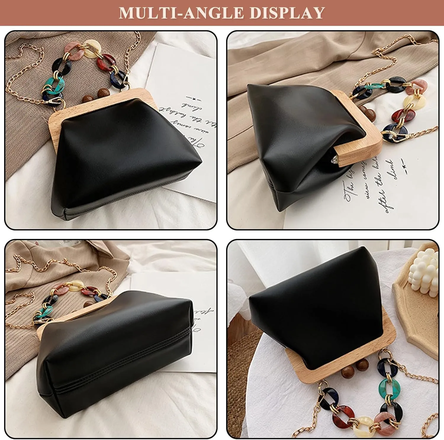 PU Leather Crossbody for Women Durable Evening Bag Wooden Frame Kiss Lock Handbag Purse with Acrylic Shoulder Strap