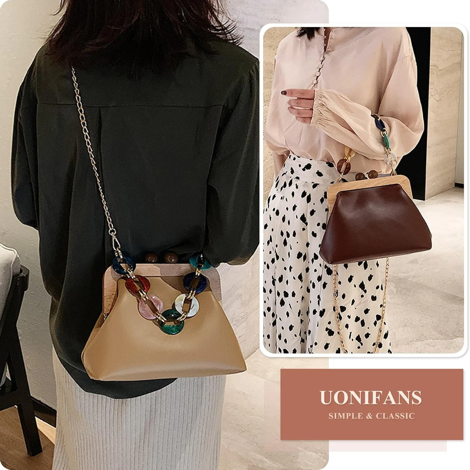 PU Leather Crossbody for Women Durable Evening Bag Wooden Frame Kiss Lock Handbag Purse with Acrylic Shoulder Strap