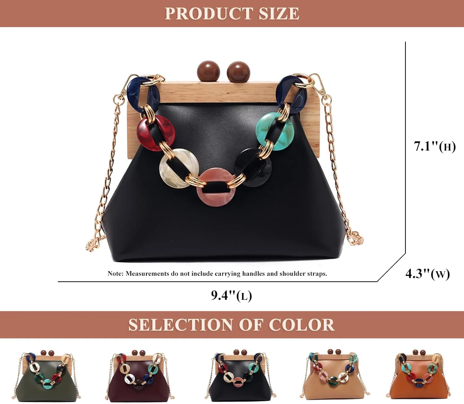 PU Leather Crossbody for Women Durable Evening Bag Wooden Frame Kiss Lock Handbag Purse with Acrylic Shoulder Strap