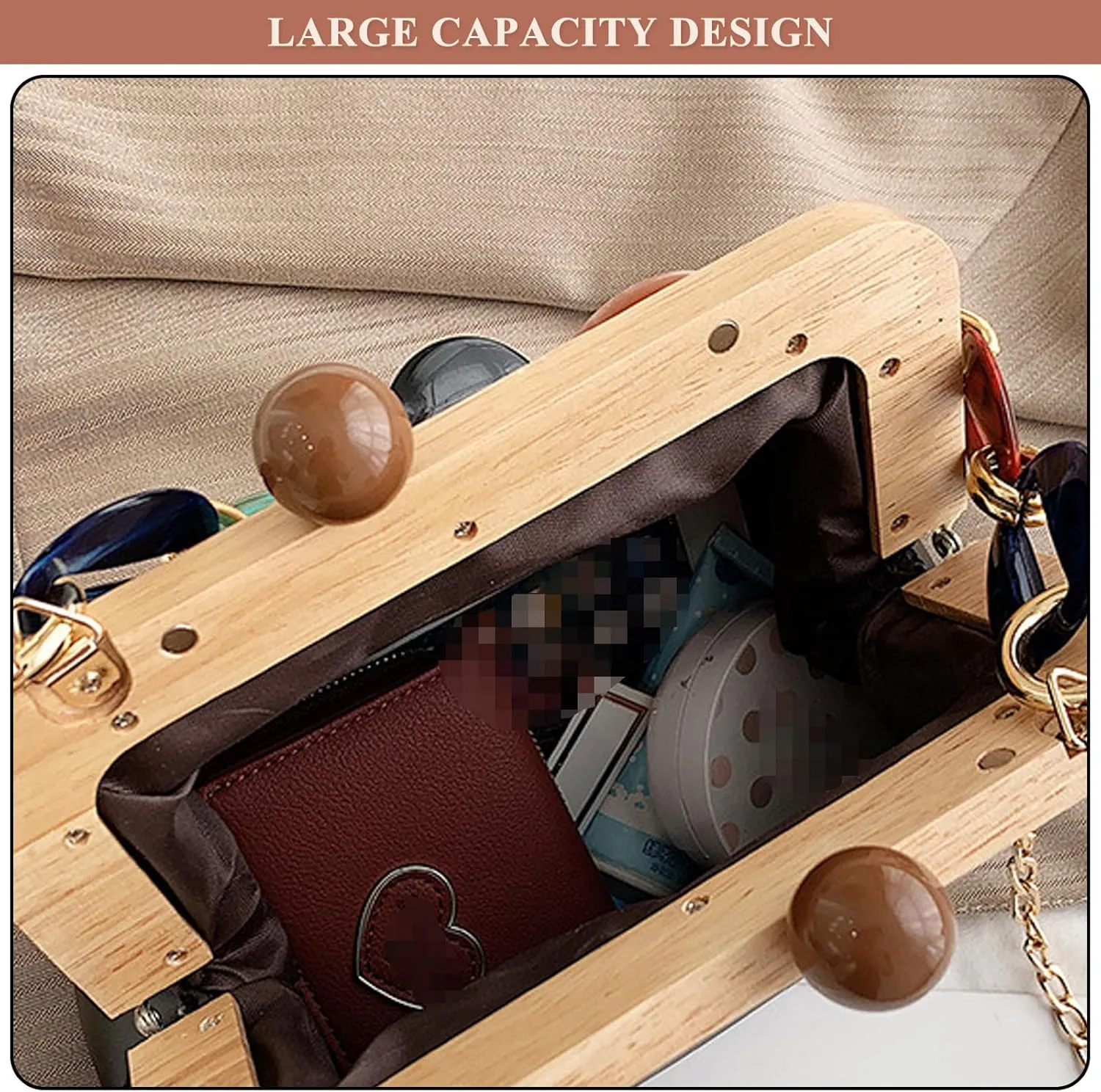 PU Leather Crossbody for Women Durable Evening Bag Wooden Frame Kiss Lock Handbag Purse with Acrylic Shoulder Strap