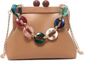 PU Leather Crossbody for Women Durable Evening Bag Wooden Frame Kiss Lock Handbag Purse with Acrylic Shoulder Strap