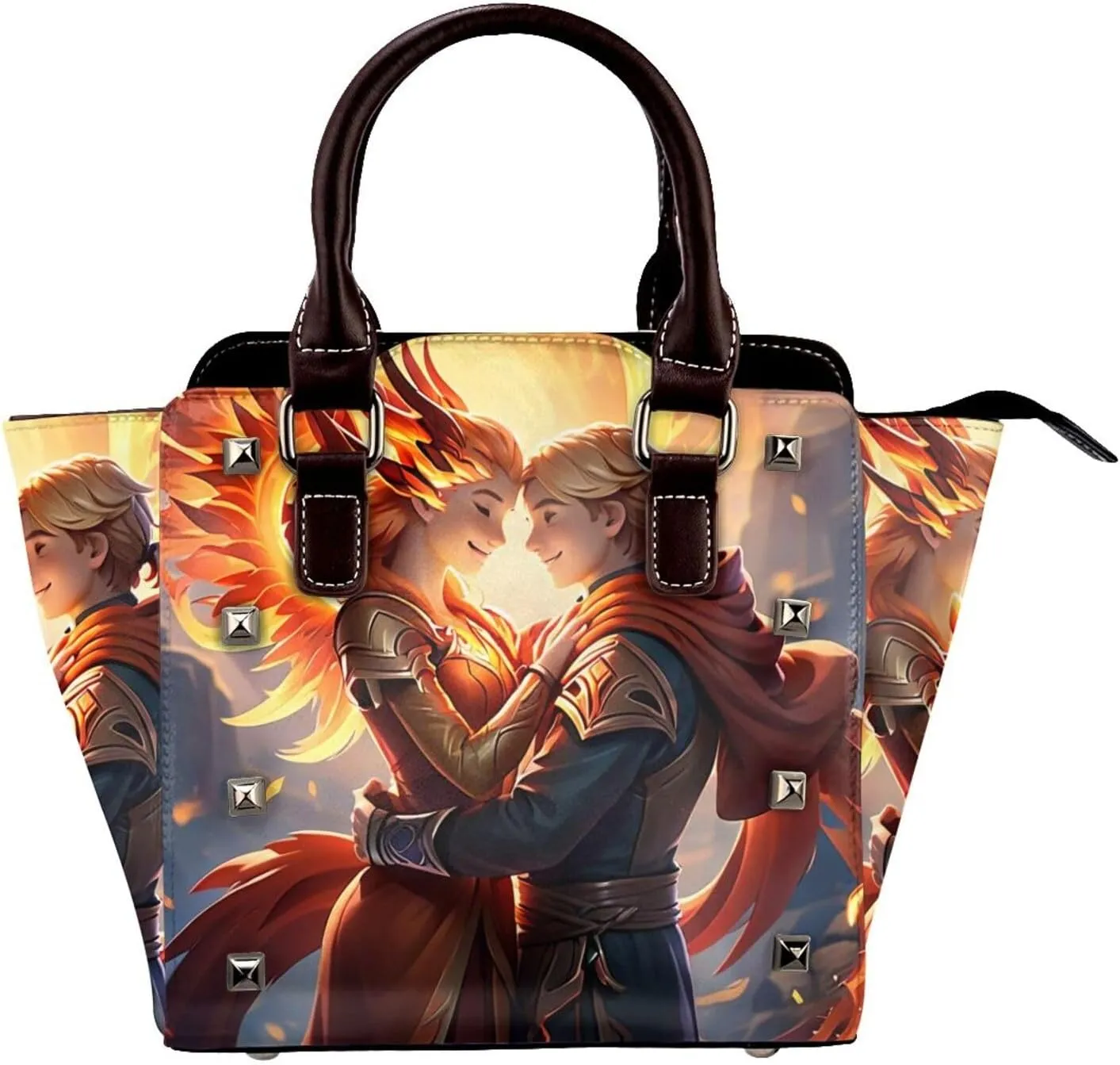 PU Leather Rivet Shoulder Bag for Women,Ember Embrace Print Women's Crossbody Handbag Purse Adjustable & Removable Strap Small Tote Bags