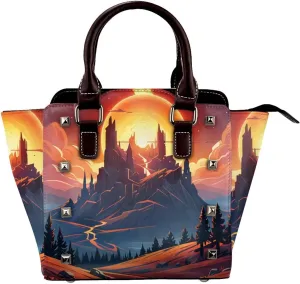 PU Leather Rivet Shoulder Bag for Women,Ember Horizon Print Women's Crossbody Handbag Purse Adjustable & Removable Strap Small Tote Bags
