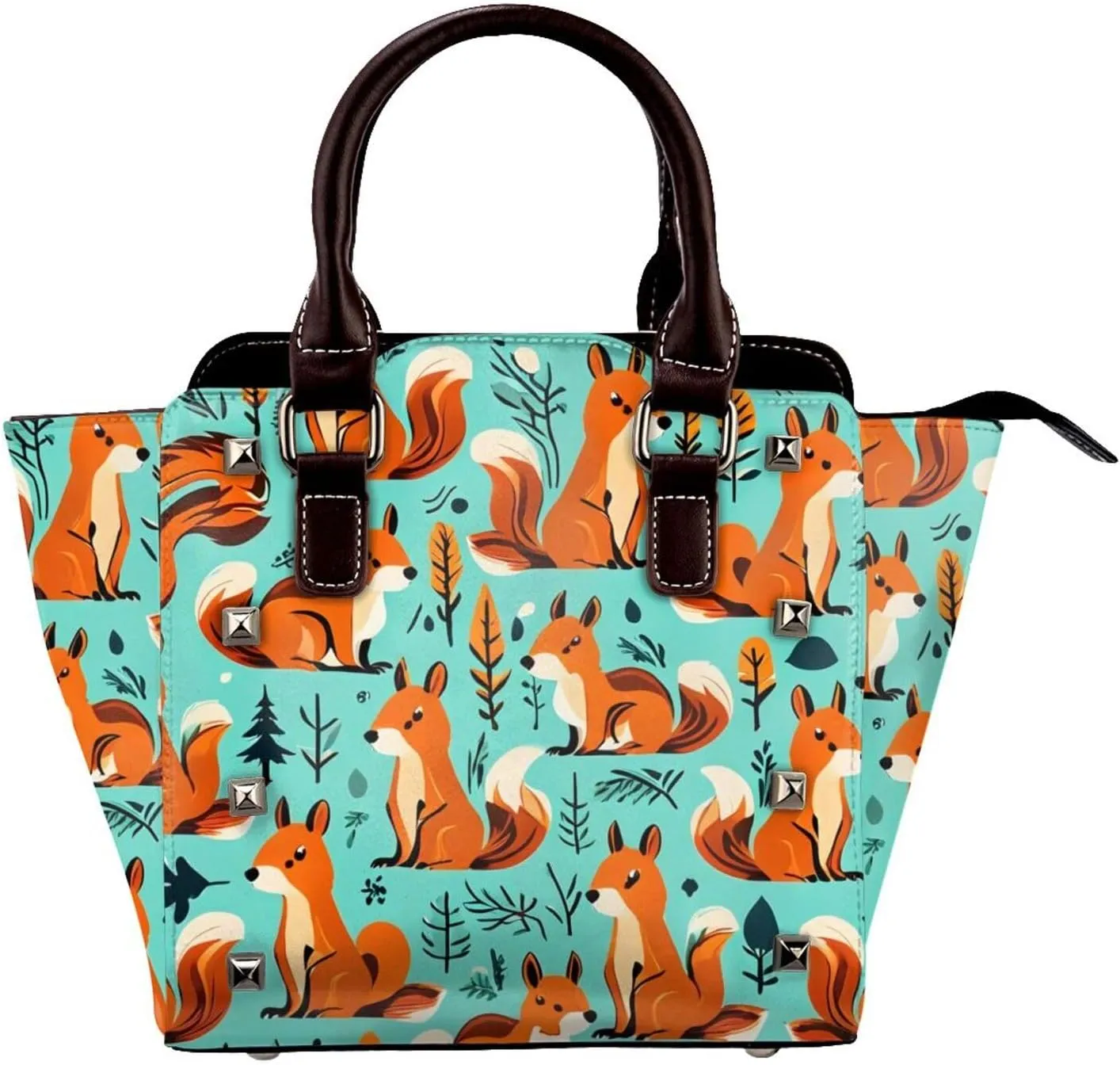 PU Leather Rivet Shoulder Bag for Women,Energetic Squirrel Print Women's Crossbody Handbag Purse Adjustable & Removable Strap Small Tote Bags