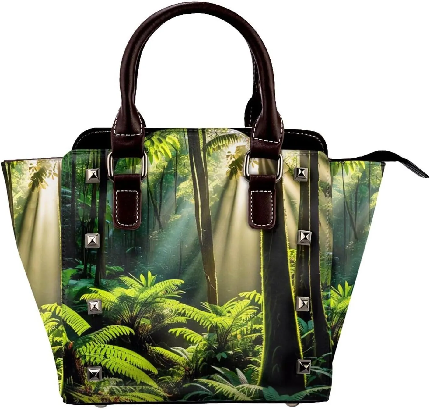 PU Leather Rivet Shoulder Bag for Women,Rainforest Sunlight Print Women's Crossbody Handbag Purse Adjustable & Removable Strap Small Tote Bags