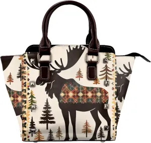 PU Leather Rivet Shoulder Bag for Women,Stately Moose Print Women's Crossbody Handbag Purse Adjustable & Removable Strap Small Tote Bags