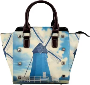 PU Leather Rivet Shoulder Bag for Women,Windmill Blue Print Women's Crossbody Handbag Purse Adjustable & Removable Strap Small Tote Bags