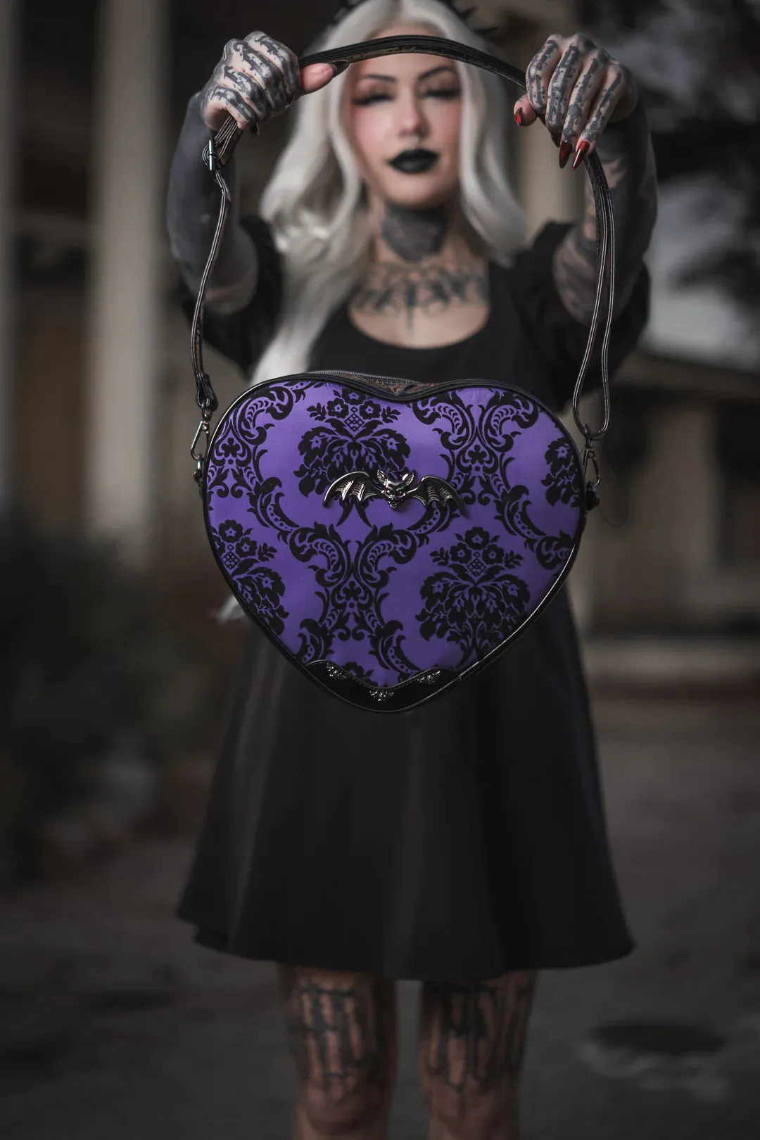 Purple Damask Heart Shaped Shoulder Bag