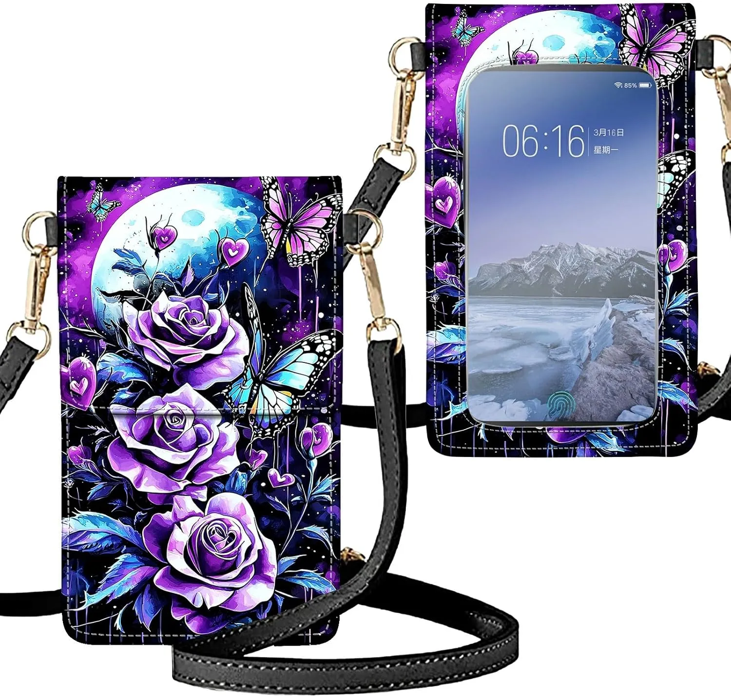 Purple Rose Bush With Moon Theme Credit Card Holder Slim Wallet Phone Purse Crossbody Bags with Lanyard Crossbody Strap PU Leather Credit Card Organizer RFID Blocking Card Holder Wallets