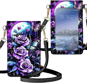 Purple Rose Bush With Moon Theme Credit Card Holder Slim Wallet Phone Purse Crossbody Bags with Lanyard Crossbody Strap PU Leather Credit Card Organizer RFID Blocking Card Holder Wallets