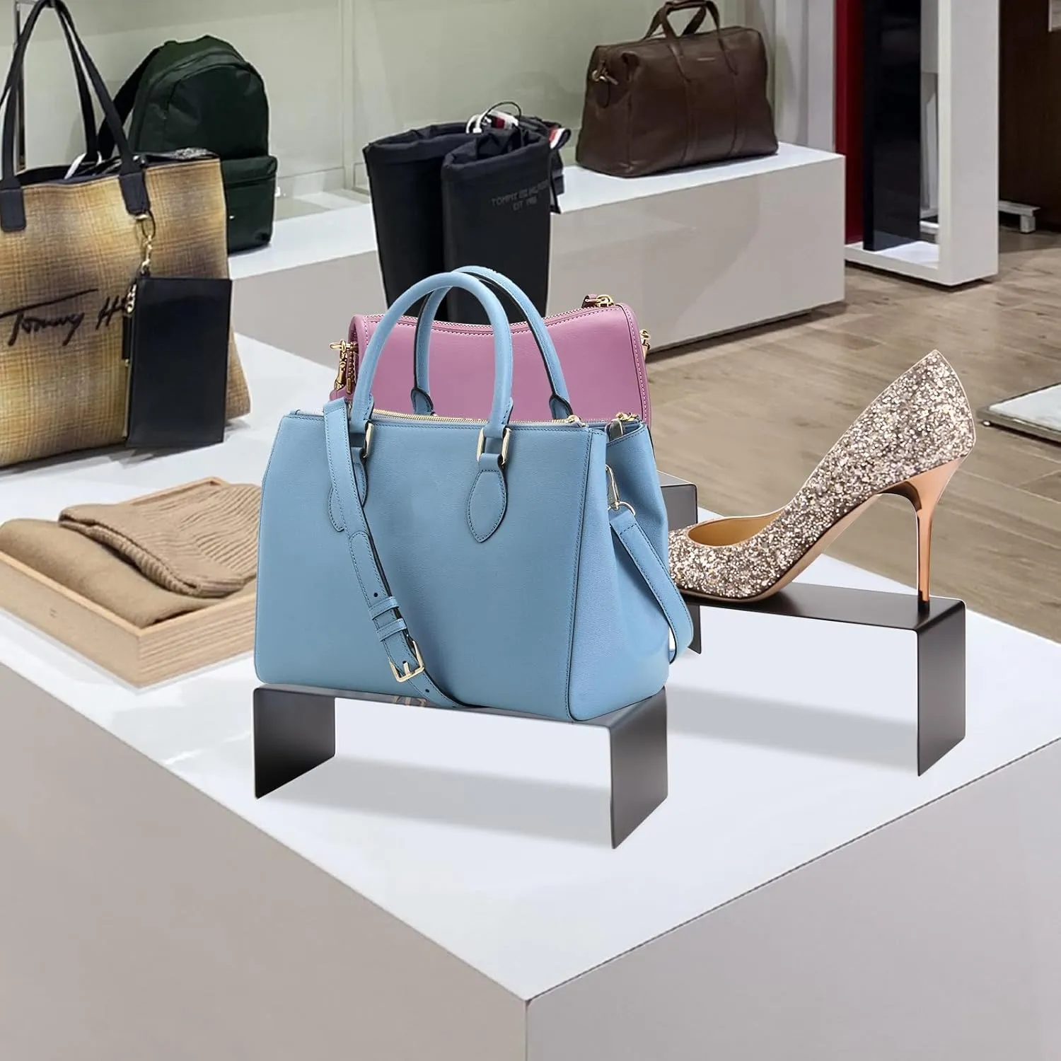 Purse Display Stand Balck 3 Risers Display Stands Stainless Steel, Heavy Duty Countertop Shoes Stand Handbag Holder Risers for Home Boutique Retail Store Vendor Display Bags Perfume Jewelry Craft