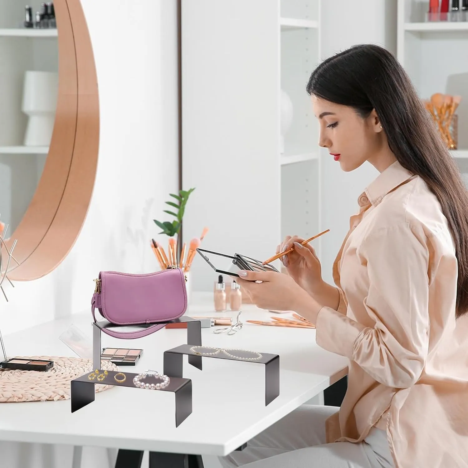 Purse Display Stand Balck 3 Risers Display Stands Stainless Steel, Heavy Duty Countertop Shoes Stand Handbag Holder Risers for Home Boutique Retail Store Vendor Display Bags Perfume Jewelry Craft