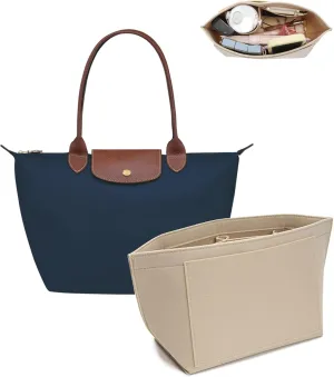 Purse Organizer Insert for Longchamp Le Pliage M Handbag Insert, Felt Handbag Organizer Insert Large Tote with Cup Holder, Bag Organizer with Zipper,8 Compartments(Beige, M10.23*7.87*5.12in)