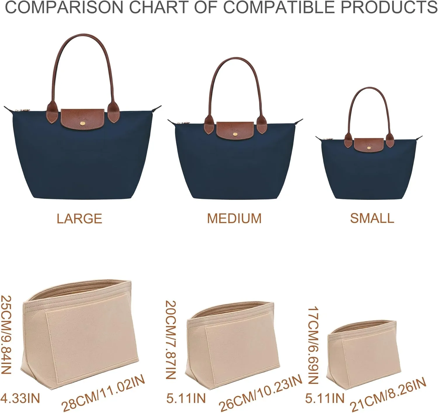 Purse Organizer Insert for Longchamp Le Pliage M Handbag Insert, Felt Handbag Organizer Insert Large Tote with Cup Holder, Bag Organizer with Zipper,8 Compartments(Beige, M10.23*7.87*5.12in)
