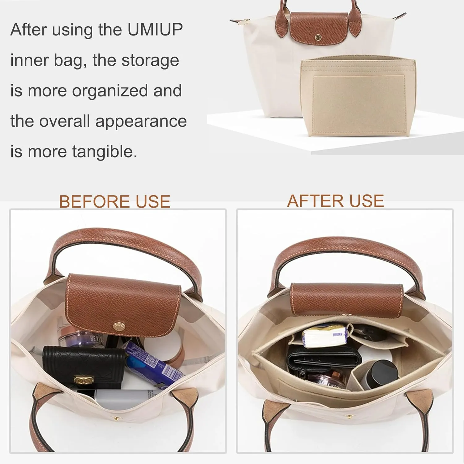 Purse Organizer Insert for Longchamp Le Pliage M Handbag Insert, Felt Handbag Organizer Insert Large Tote with Cup Holder, Bag Organizer with Zipper,8 Compartments(Beige, M10.23*7.87*5.12in)