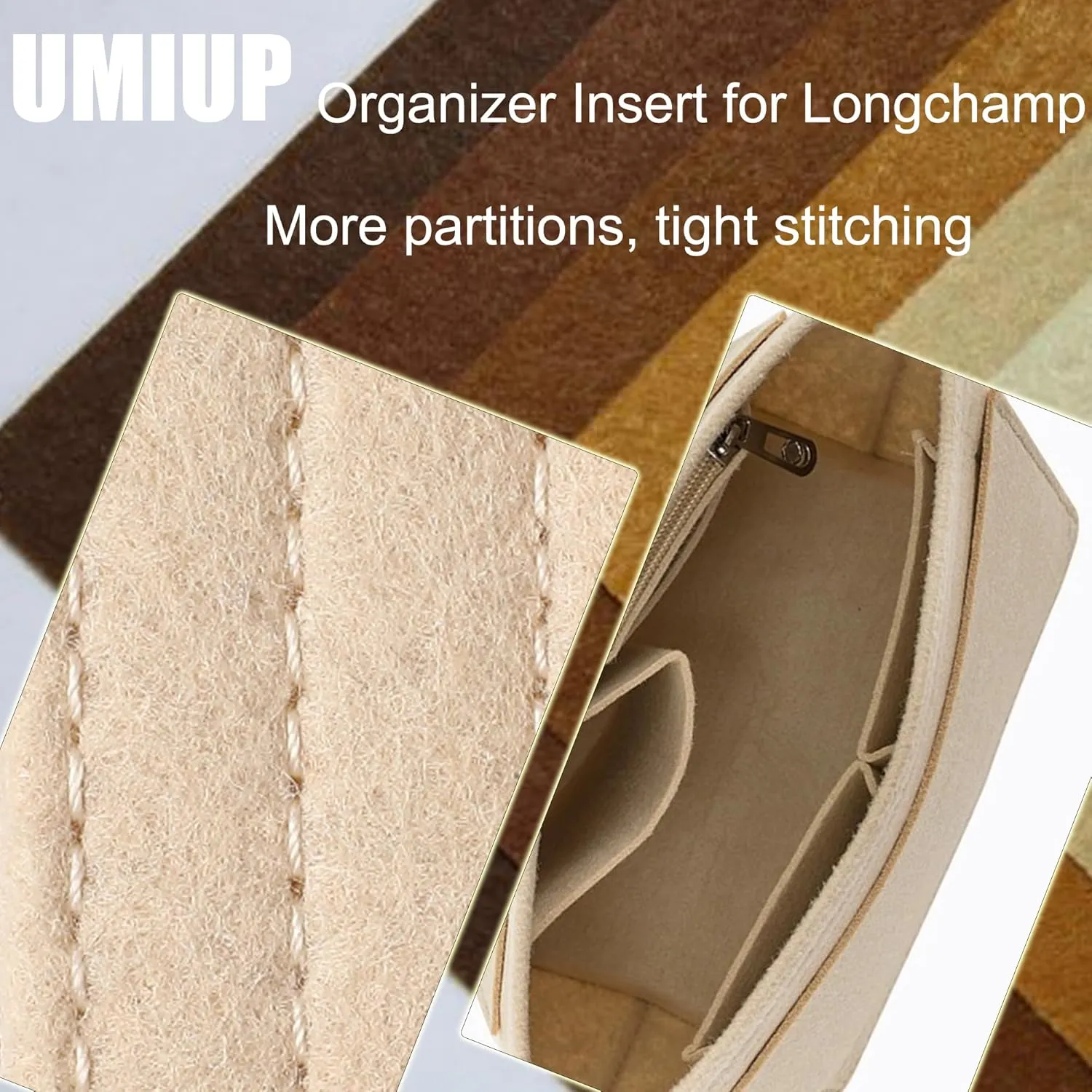 Purse Organizer Insert for Longchamp Le Pliage M Handbag Insert, Felt Handbag Organizer Insert Large Tote with Cup Holder, Bag Organizer with Zipper,8 Compartments(Beige, M10.23*7.87*5.12in)