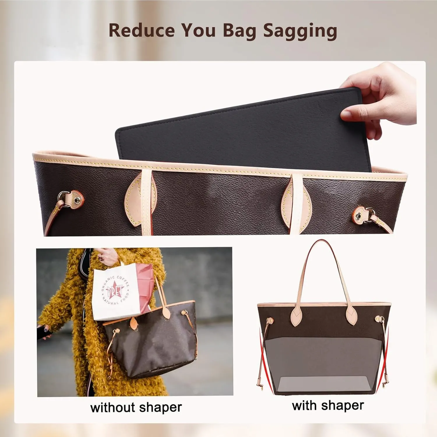 Purse Organizer Insert with Base Shaper,Felt Zipper Tote Handbag Organizer Compatible with neverfull PM, C.oach City 30, Le-Pliage Medium and More,Black/M