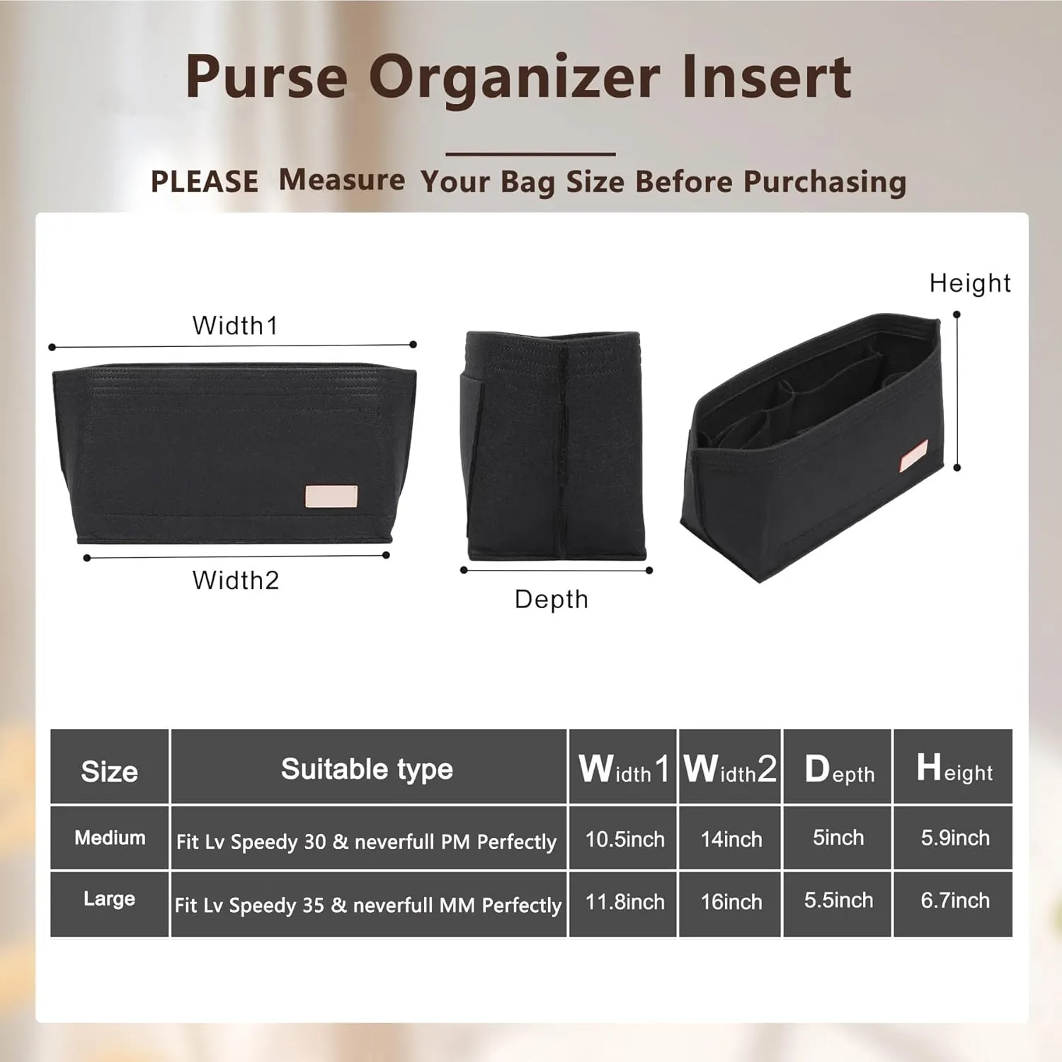 Purse Organizer Insert with Base Shaper,Felt Zipper Tote Handbag Organizer Compatible with neverfull PM, C.oach City 30, Le-Pliage Medium and More,Black/M