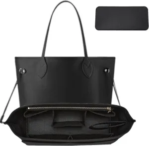 Purse Organizer Insert with Base Shaper,Felt Zipper Tote Handbag Organizer Compatible with neverfull PM, C.oach City 30, Le-Pliage Medium and More,Black/M