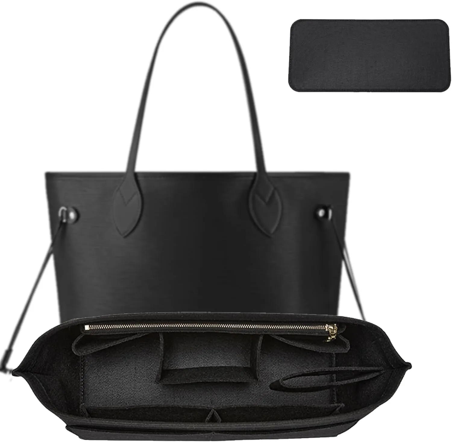 Purse Organizer Insert with Base Shaper,Felt Zipper Tote Handbag Organizer Compatible with neverfull PM, C.oach City 30, Le-Pliage Medium and More,Black/M