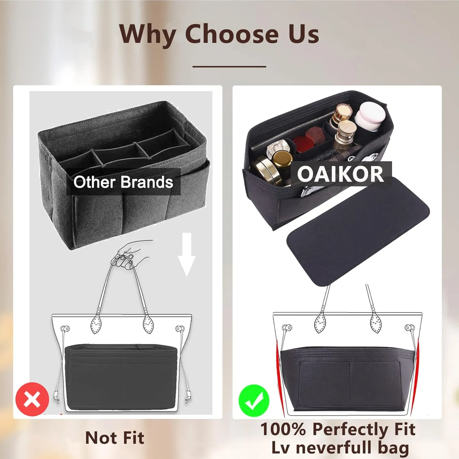 Purse Organizer Insert with Base Shaper,Felt Zipper Tote Handbag Organizer Compatible with neverfull PM, C.oach City 30, Le-Pliage Medium and More,Black/M