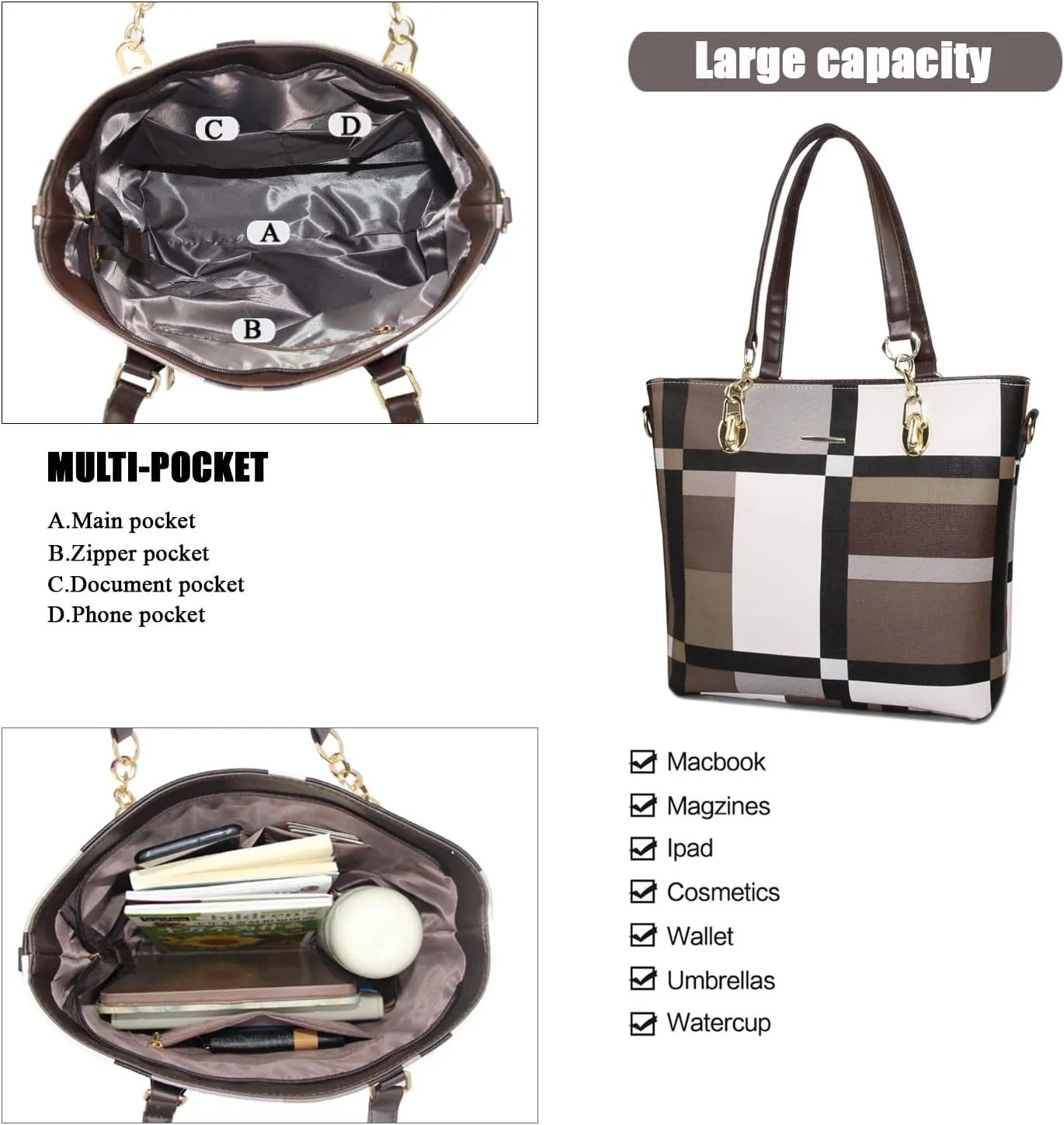 Purses and Handbags for Women Synthetic Leather Tote Crossbody Bags Satchel Purses Set 6pcs