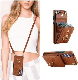 QLTYPRI Crossbody Wallet Case for Samsung Galaxy A15 4G/5G, PU Leather Phone Case with RFID Blocking Card Slots Holder Ring Kickstand Wrist Strap Lanyard Handbag Purse Cover for Samsung A15 – Brown