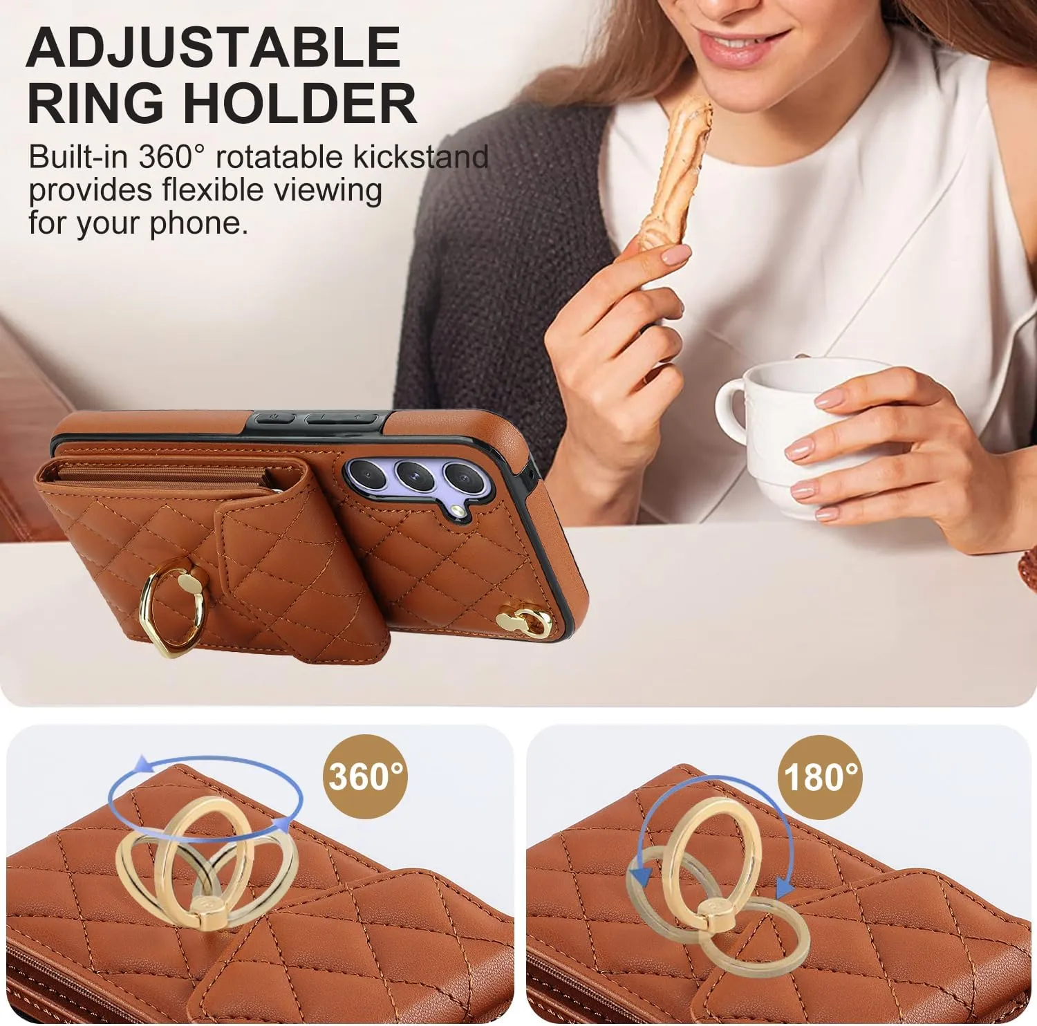 QLTYPRI Crossbody Wallet Case for Samsung Galaxy A15 4G/5G, PU Leather Phone Case with RFID Blocking Card Slots Holder Ring Kickstand Wrist Strap Lanyard Handbag Purse Cover for Samsung A15 – Brown