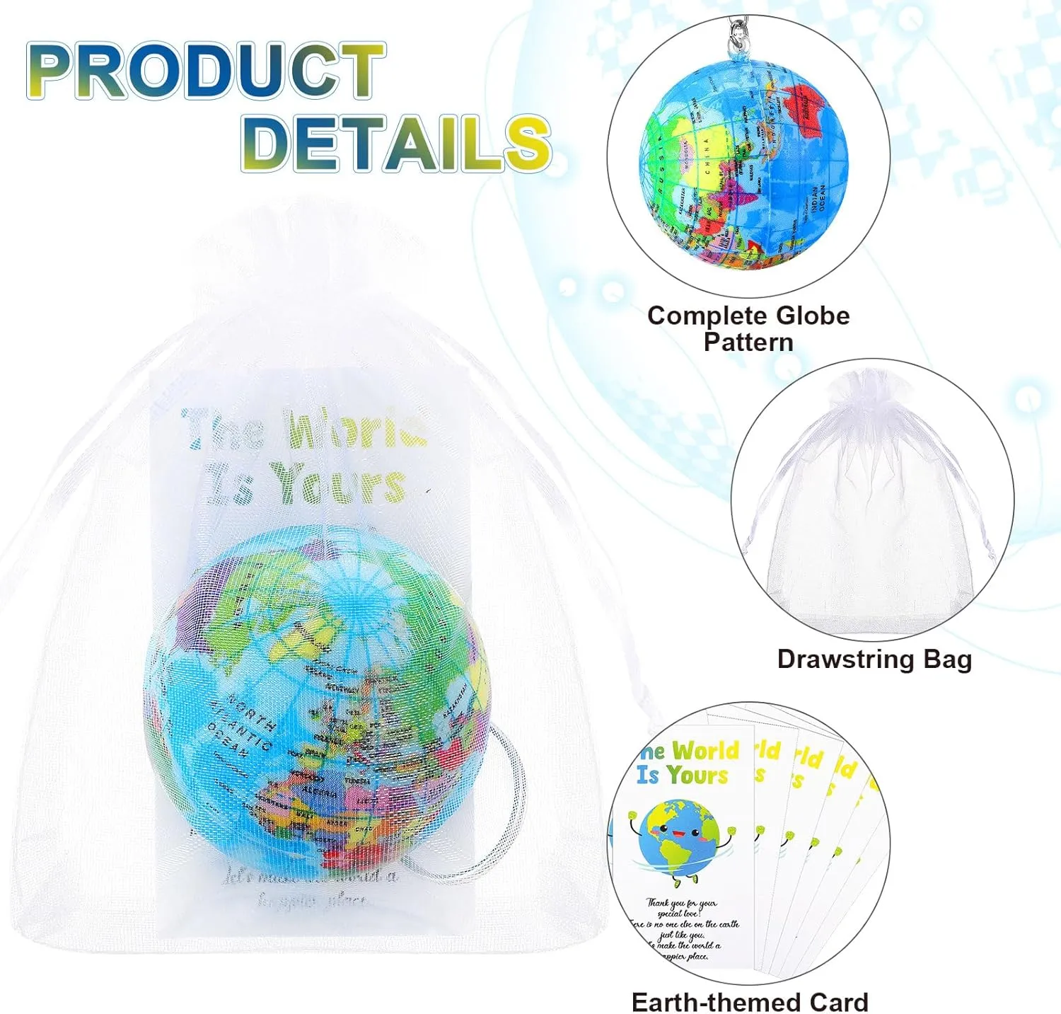 Quelay 24 Pack Earth Day Globe Keychains for Kids, Planet Earth Keyrings Toy Includes Globe Stress Balls Cards Organza Bags, School Party Favor