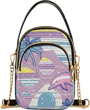 Quilted Crossbody Bags for Women,Pink Plam Tree with Jump Dolphin Women's Crossbody Handbags Small Travel Purses Phone Bag