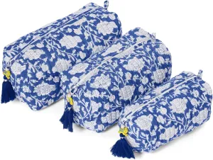 Quilted Floral Makeup Bag Set – Blue Poppy Pattern 3 Sizes, Waterproof Lining, Make Up Travel Cosmetic & Toiletry Bags For Traveling Women