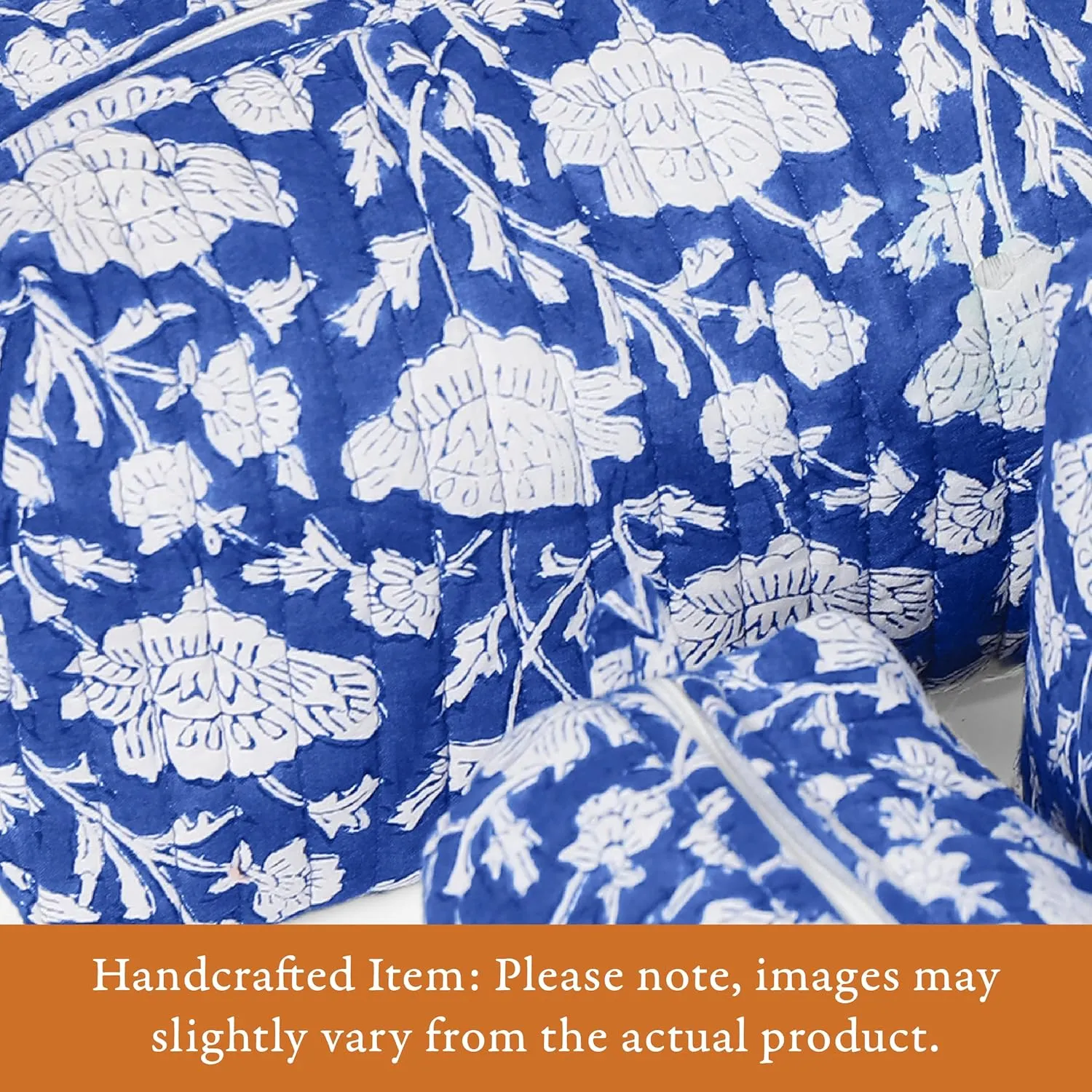 Quilted Floral Makeup Bag Set – Blue Poppy Pattern 3 Sizes, Waterproof Lining, Make Up Travel Cosmetic & Toiletry Bags For Traveling Women