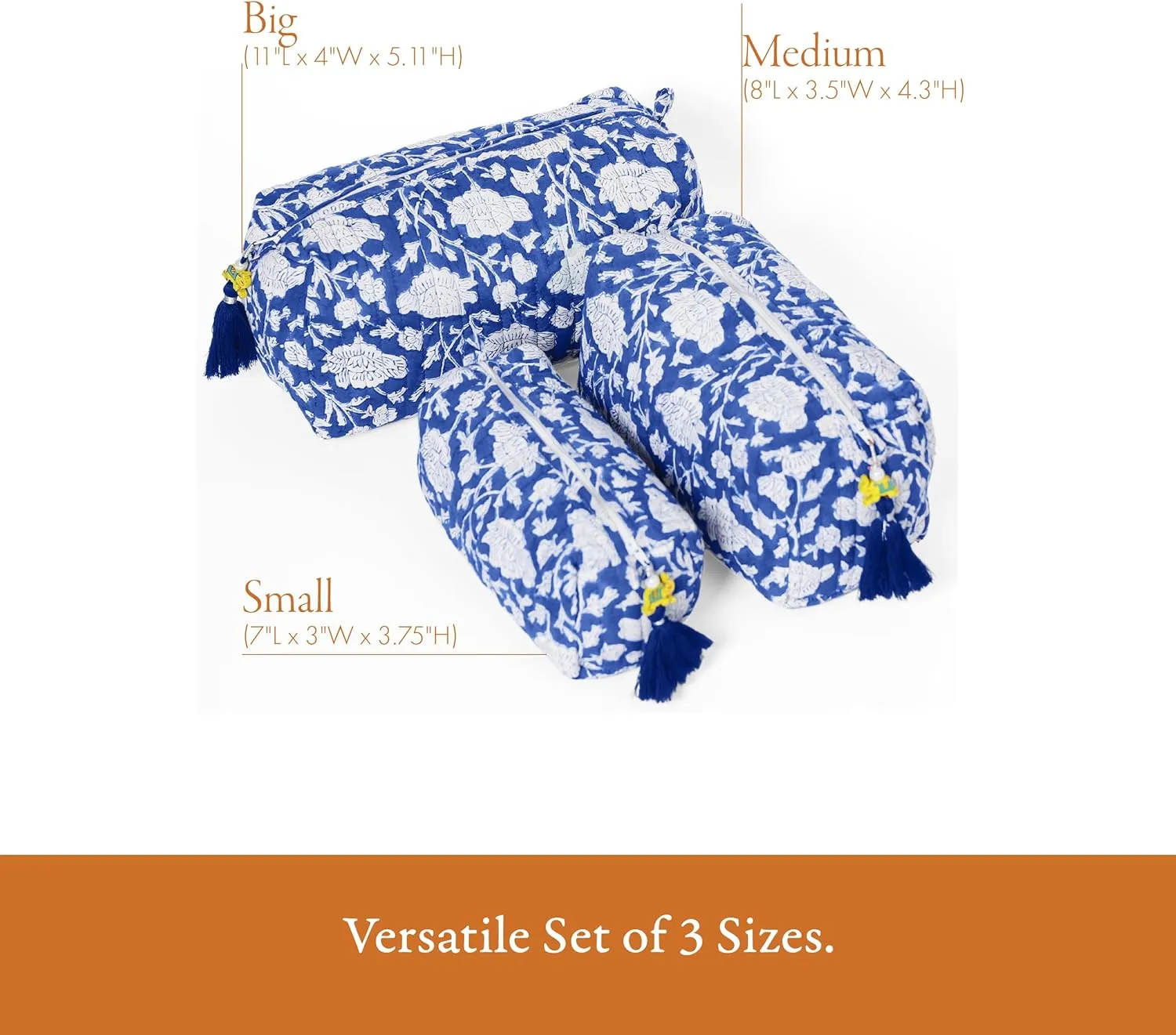 Quilted Floral Makeup Bag Set – Blue Poppy Pattern 3 Sizes, Waterproof Lining, Make Up Travel Cosmetic & Toiletry Bags For Traveling Women