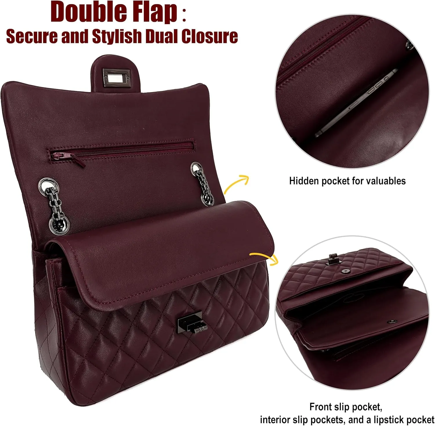 Quilted Leather Crossbody Bags for Women,Soft Lambskin Adjustable Double Chain Strap Shoulder Bag,Designer Flap Purse