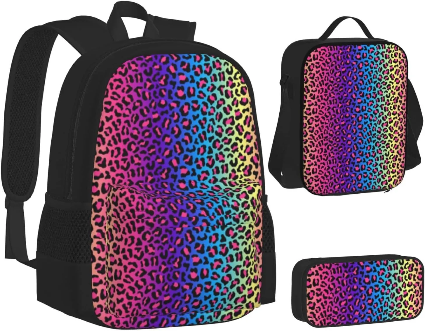 rainbow cheetah Multifunctional Pocket Backpack Crossbody Lunch Bag Pencil Case 3Pcs Set Large Capacity Backpack