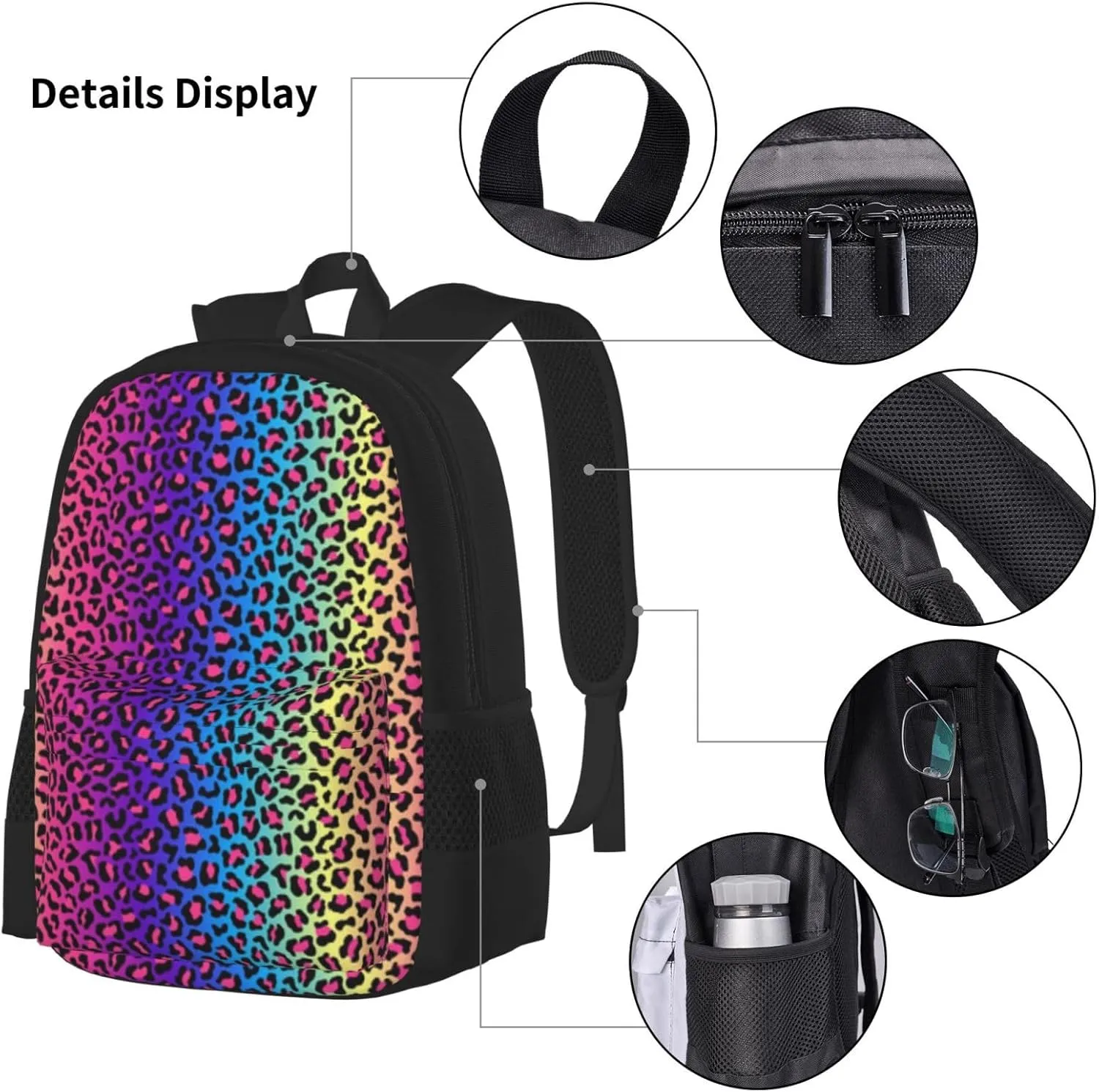 rainbow cheetah Multifunctional Pocket Backpack Crossbody Lunch Bag Pencil Case 3Pcs Set Large Capacity Backpack