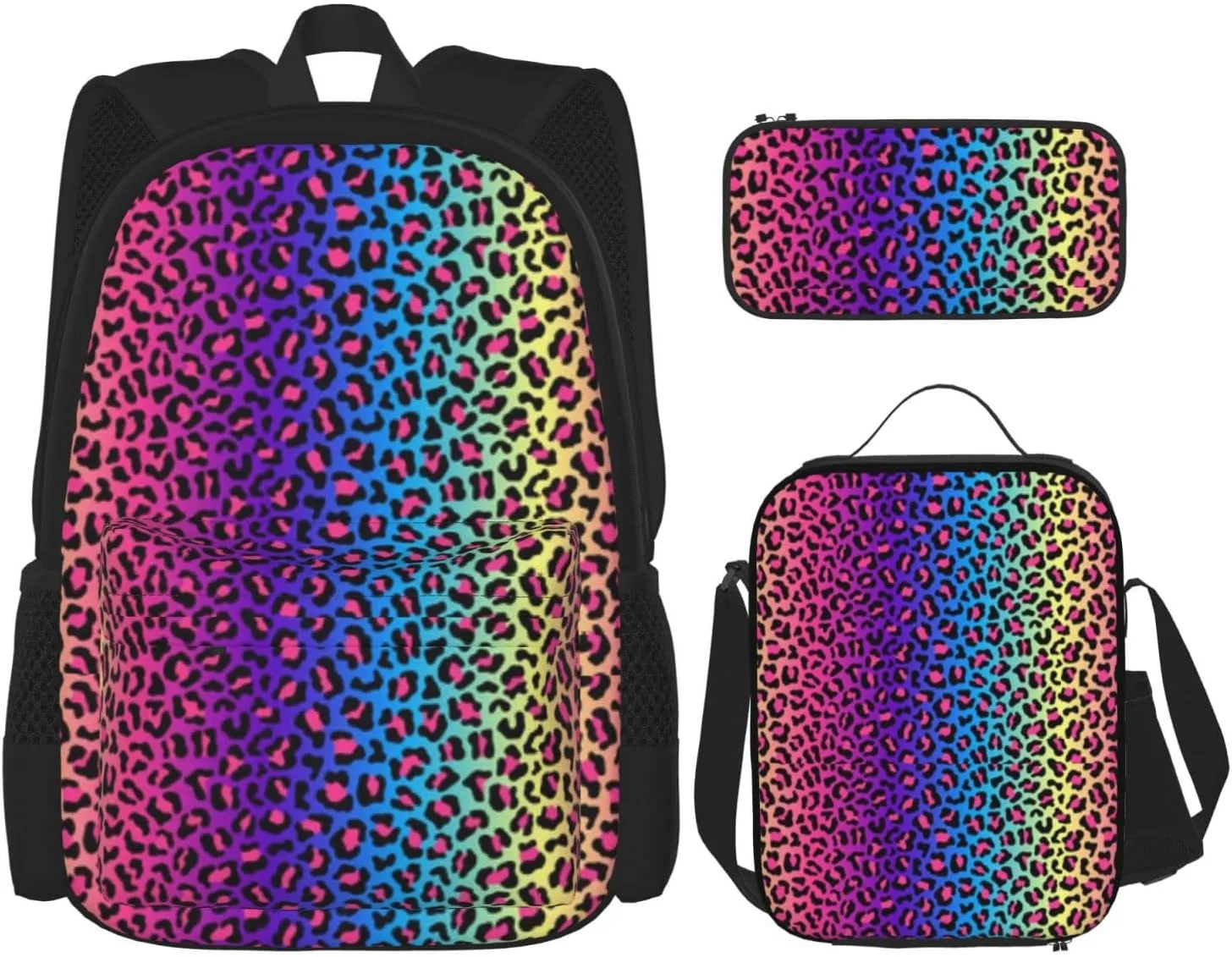 rainbow cheetah Multifunctional Pocket Backpack Crossbody Lunch Bag Pencil Case 3Pcs Set Large Capacity Backpack