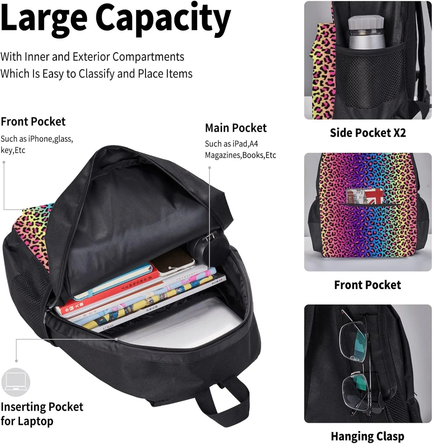 rainbow cheetah Multifunctional Pocket Backpack Crossbody Lunch Bag Pencil Case 3Pcs Set Large Capacity Backpack