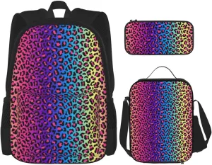 rainbow cheetah Multifunctional Pocket Backpack Crossbody Lunch Bag Pencil Case 3Pcs Set Large Capacity Backpack