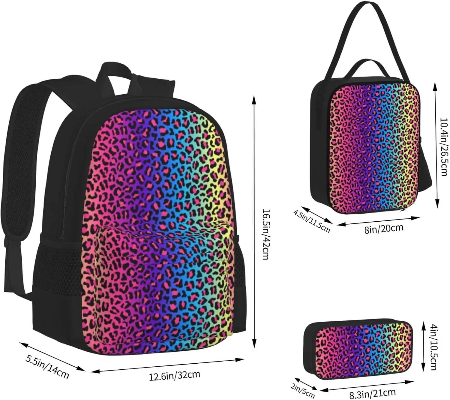 rainbow cheetah Multifunctional Pocket Backpack Crossbody Lunch Bag Pencil Case 3Pcs Set Large Capacity Backpack