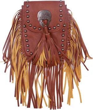 RARITYUS Women Soft Leather Fringe Tassel Crossbody Bag Punk Rivet Skull Hobo Shoulder Handbag Messenger Bag