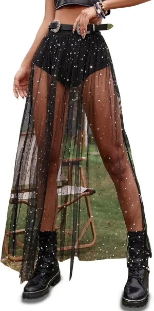 Rave Outfits for Women 2 in 1 Sheer Skirt Festival Clubwear Mesh High Waist Print A Line Maxi Skirt